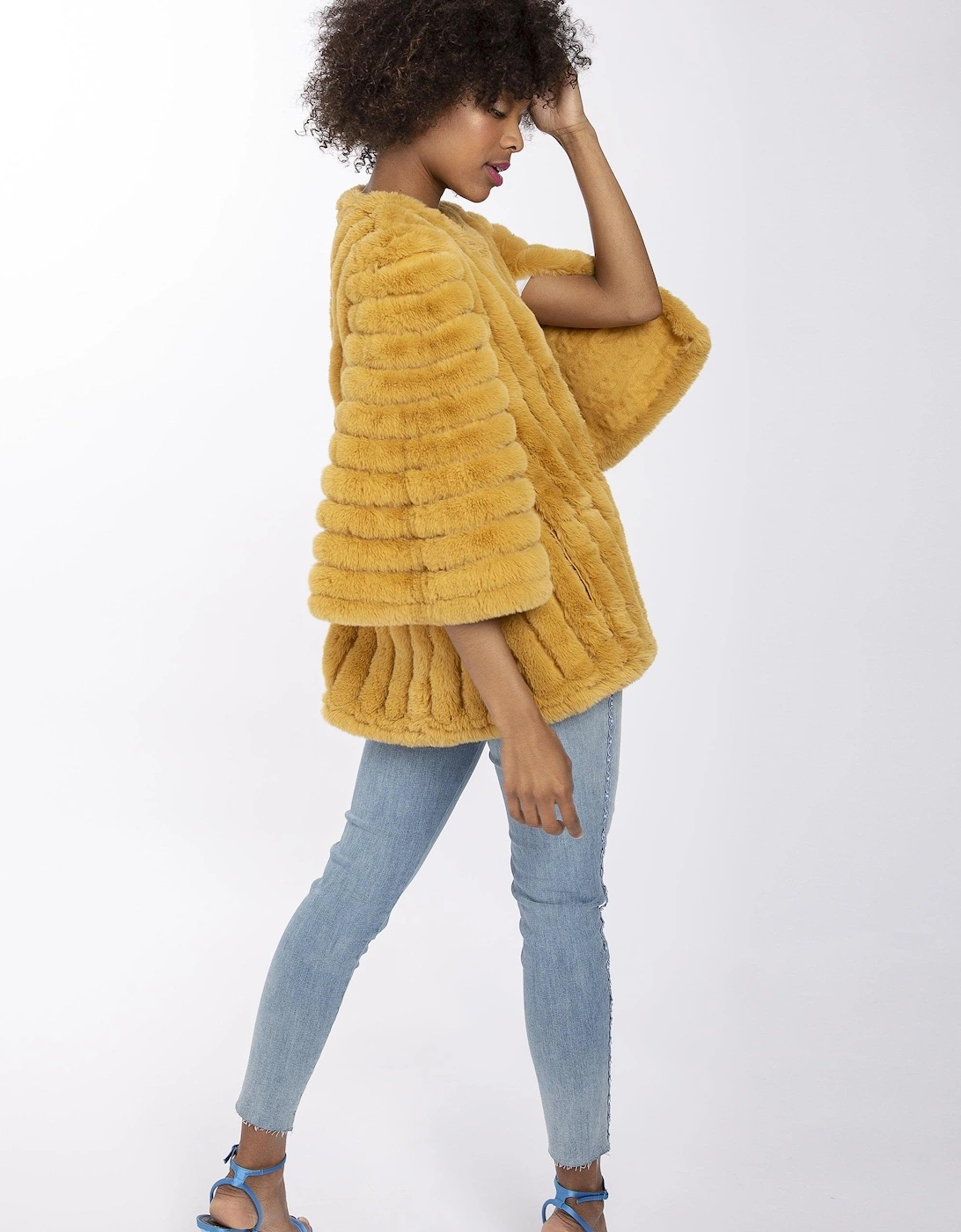 Yellow Faux Fur Striped Coat