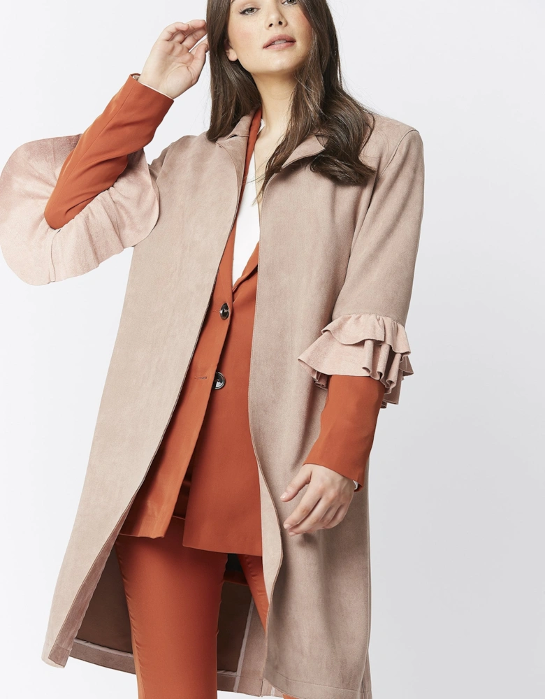 Mocha Faux Suede Midi Jacket with Frill Sleeve