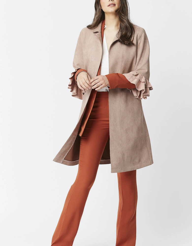 Mocha Faux Suede Midi Jacket with Frill Sleeve