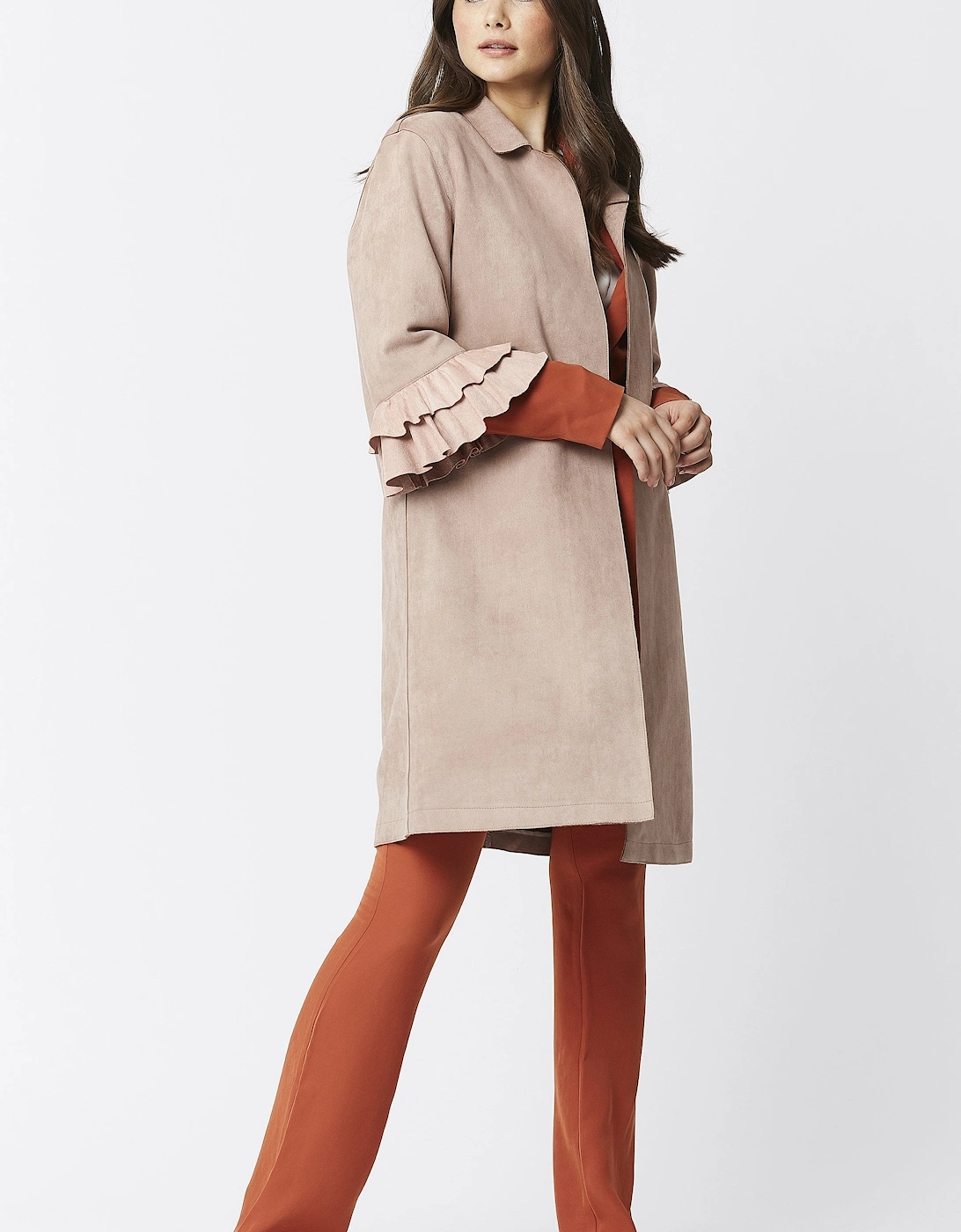 Mocha Faux Suede Midi Jacket with Frill Sleeve
