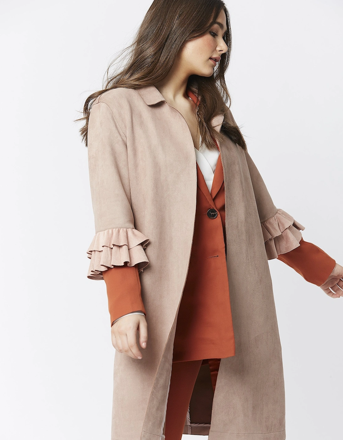 Mocha Faux Suede Midi Jacket with Frill Sleeve