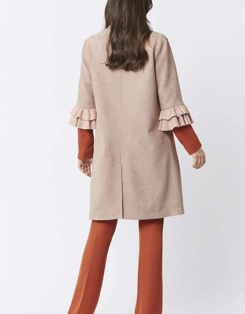 Mocha Faux Suede Midi Jacket with Frill Sleeve