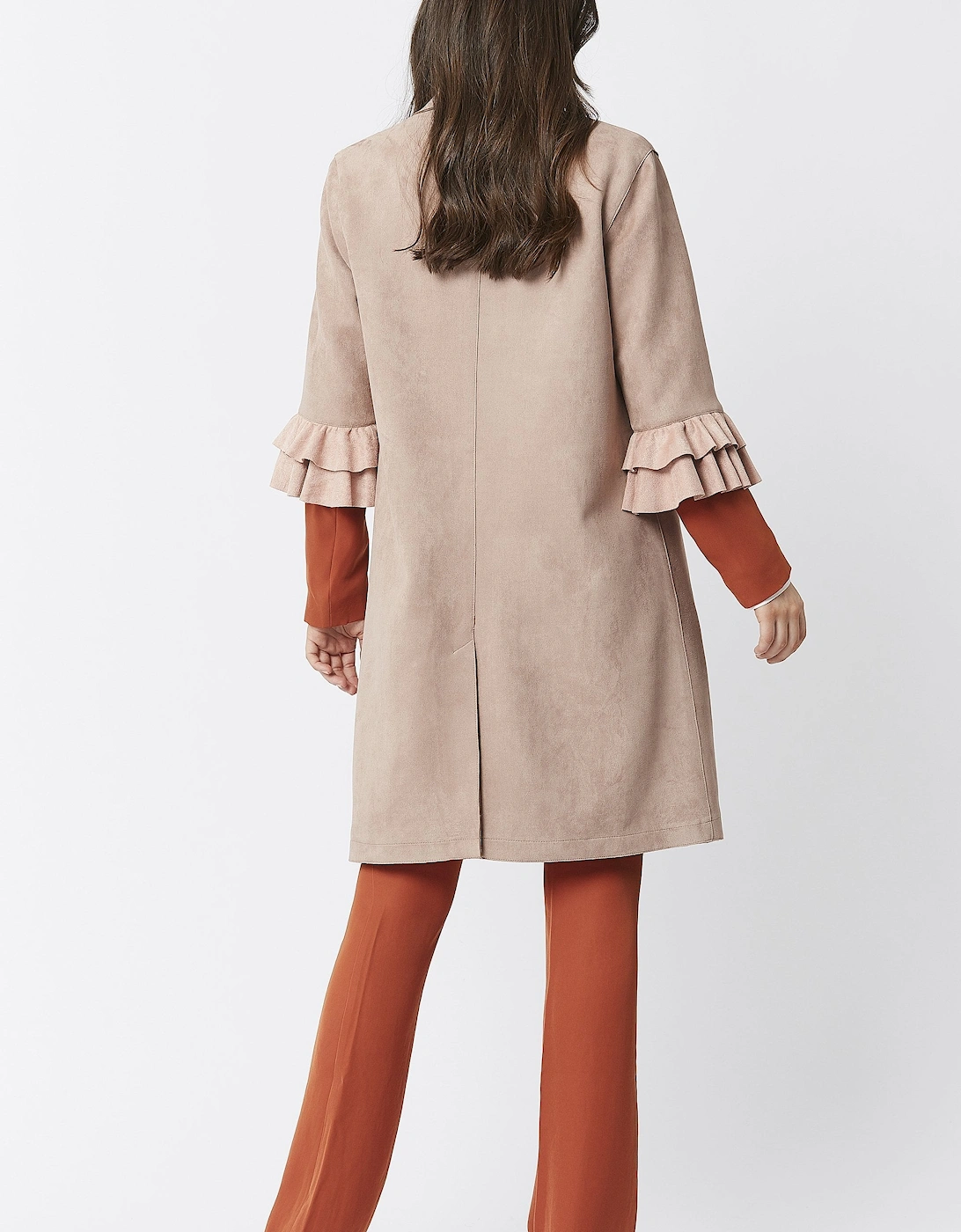 Mocha Faux Suede Midi Jacket with Frill Sleeve