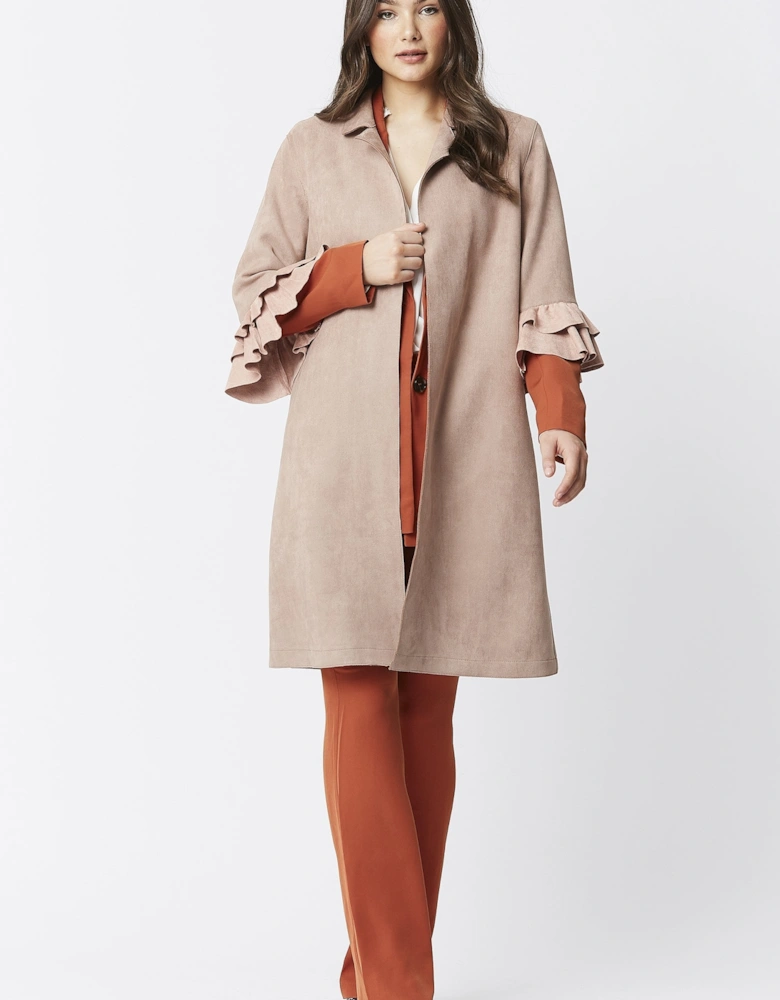 Mocha Faux Suede Midi Jacket with Frill Sleeve