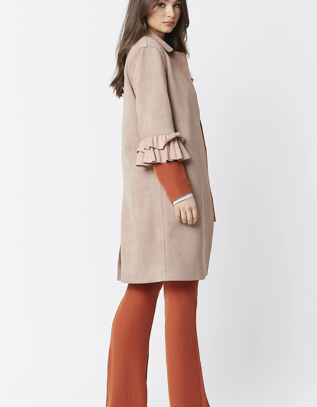 Mocha Faux Suede Midi Jacket with Frill Sleeve