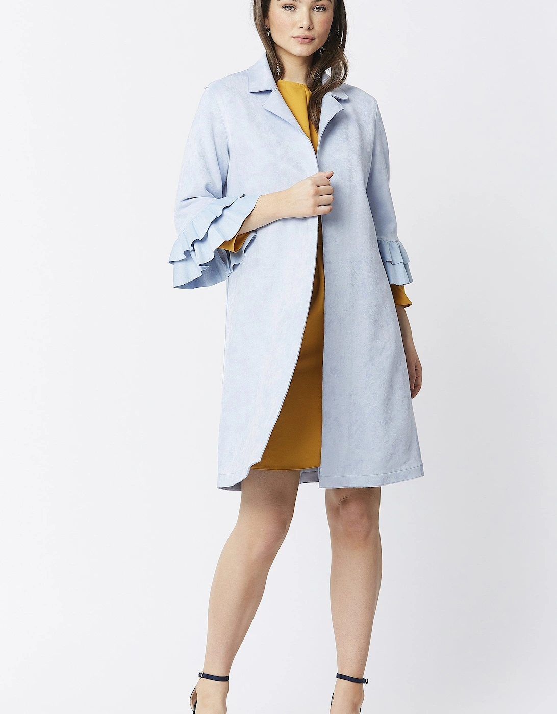 Blue Faux Suede Midi Jacket with Frill Sleeve