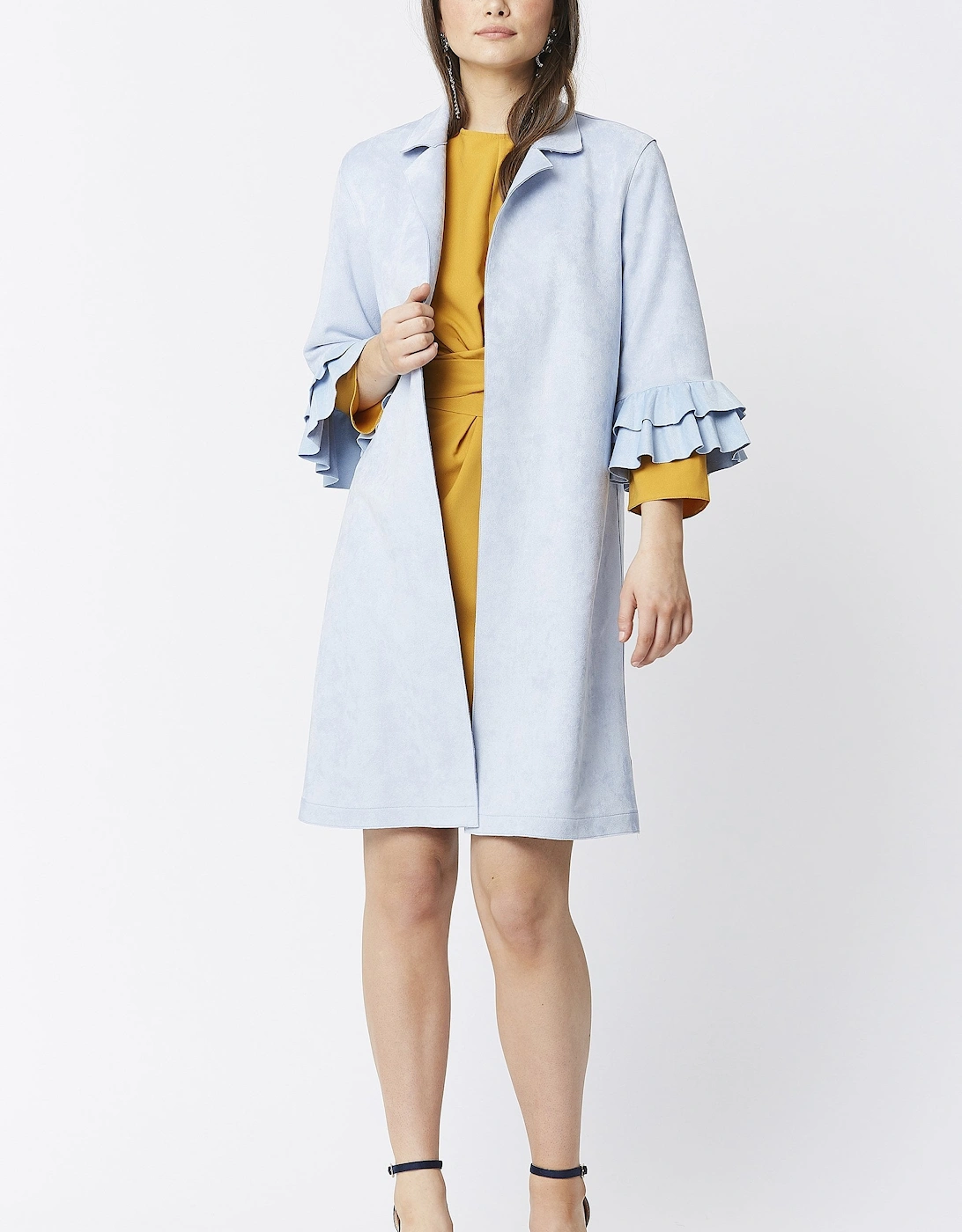 Blue Faux Suede Midi Jacket with Frill Sleeve