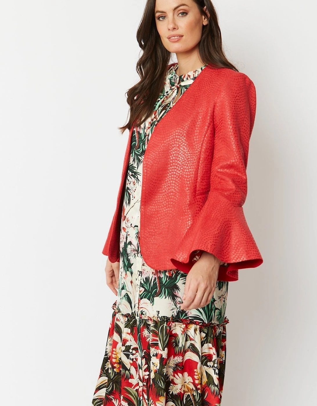 Red Faux Suede Flared Sleeve Jacket