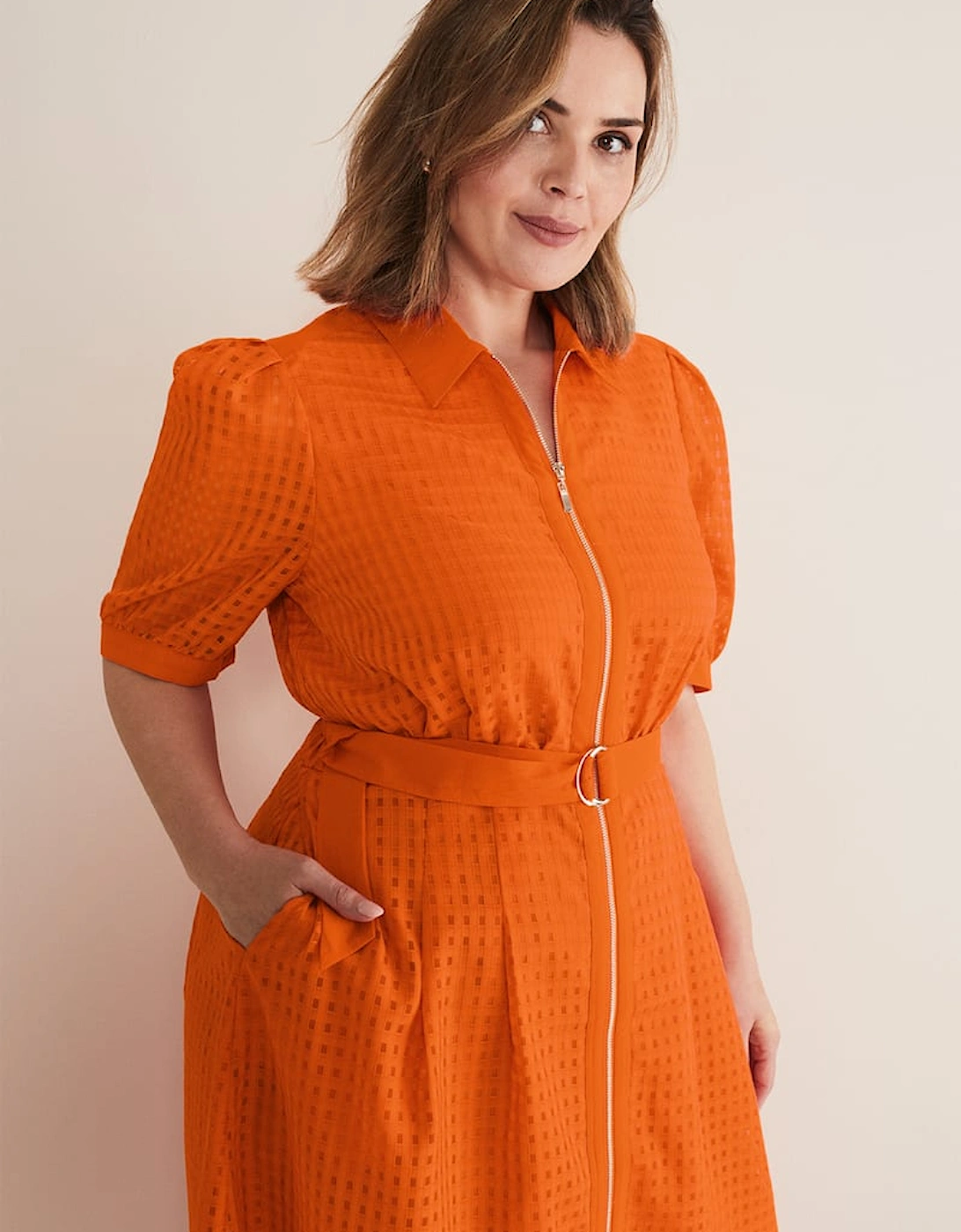 Carey Orange Checked Textured Midi Dress