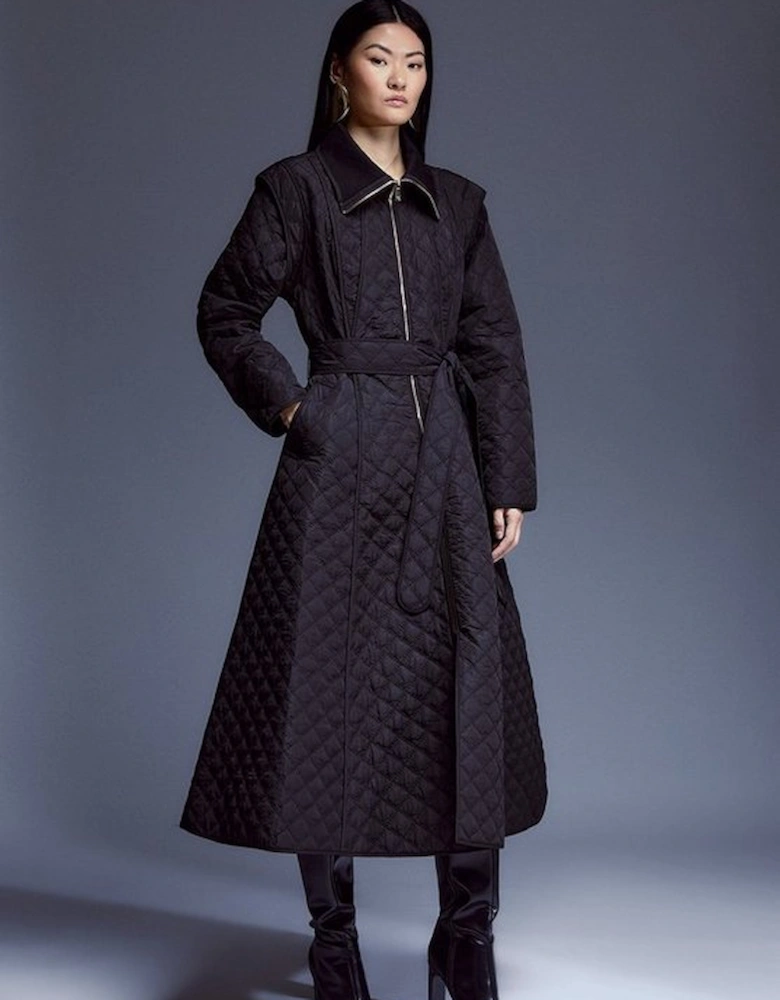 Quilted Full Skirted Belted Midi Coat