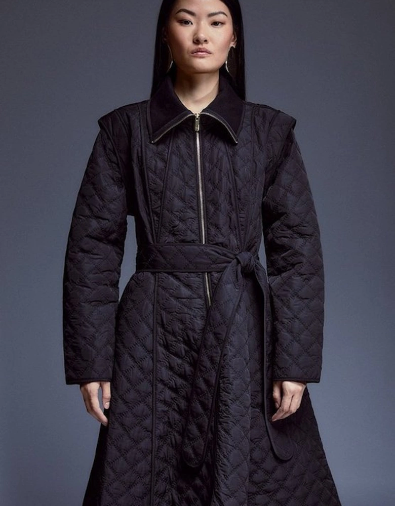 Quilted Full Skirted Belted Midi Coat