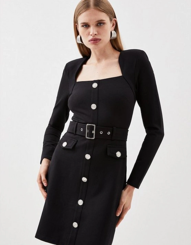 Ponte Square Neck Belted Long Sleeve Mini Dress