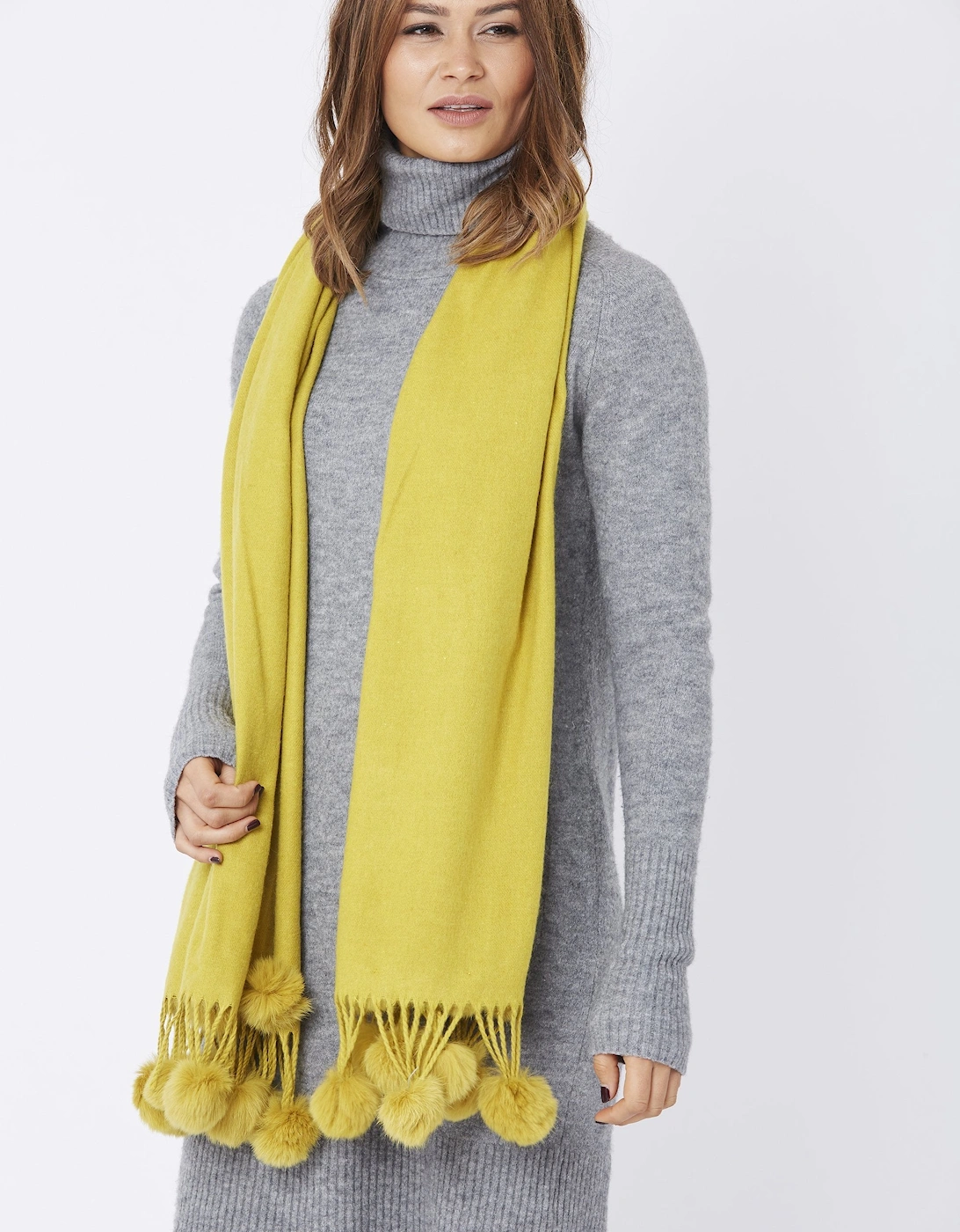 Yellow Cashmere Coney Pom Pom Wrap, 4 of 3