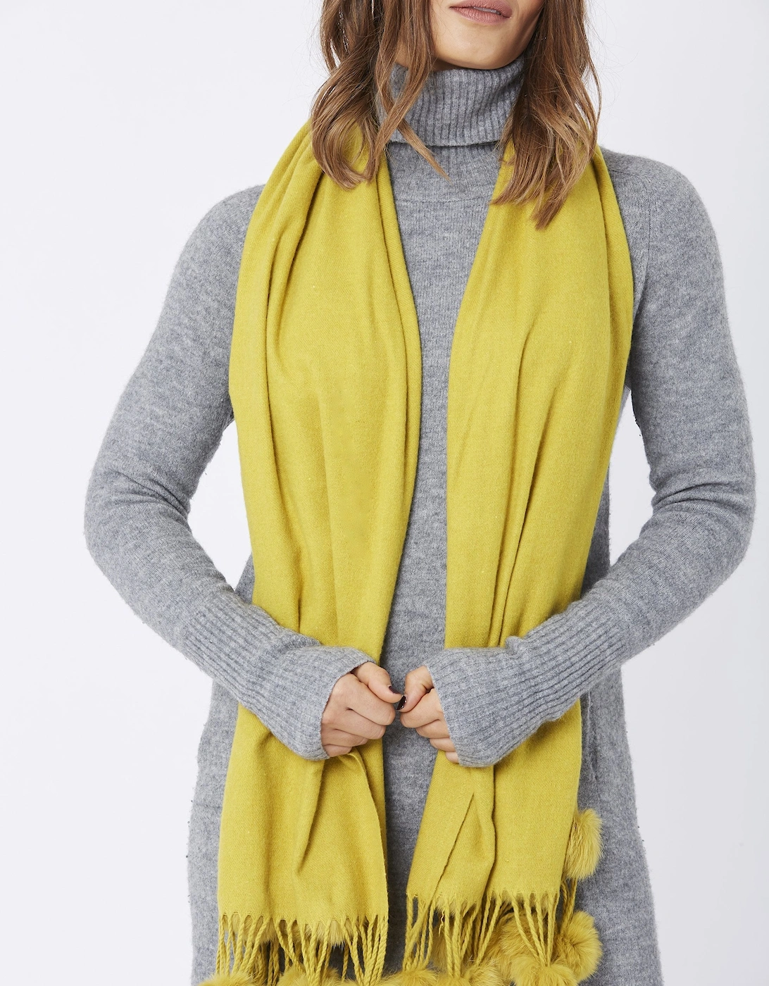 Yellow Cashmere Coney Pom Pom Wrap