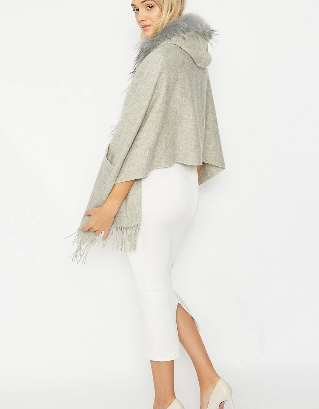 Grey Lambswool Fox Hooded Wrap