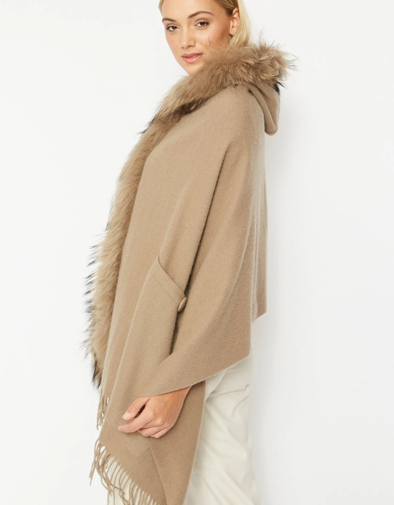 Mocha Lambswool Fox Hooded Wrap