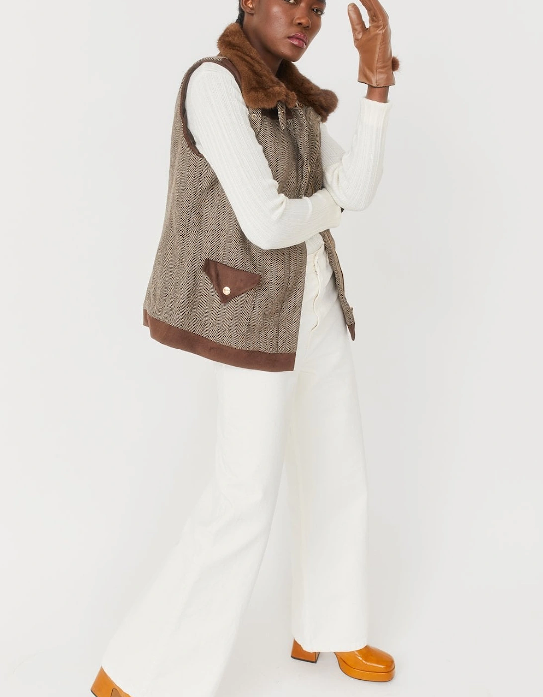 Mocha Luxury Tweed Gilet with Mink Collar