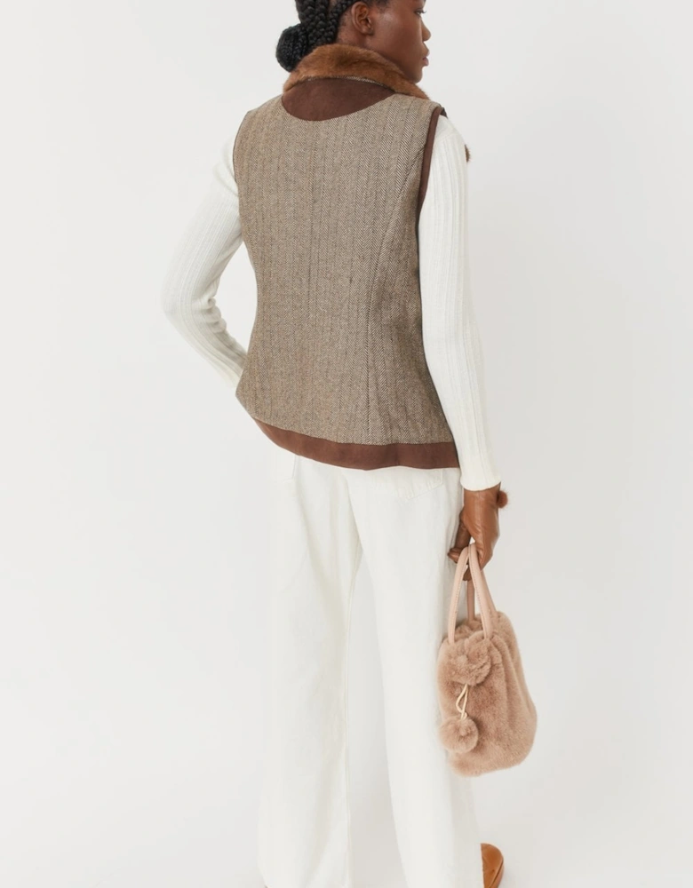 Mocha Luxury Tweed Gilet with Mink Collar