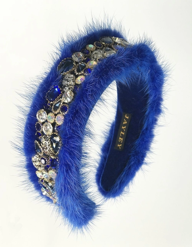 Blue Handmade Mink & Precious Stone Headband