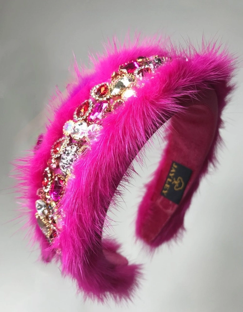 Pink Handmade Mink & Precious Stone Headband