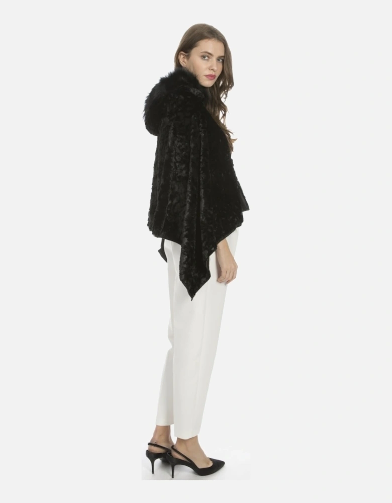 Black Faux Fur Cape with Fox Fur Trim Hood