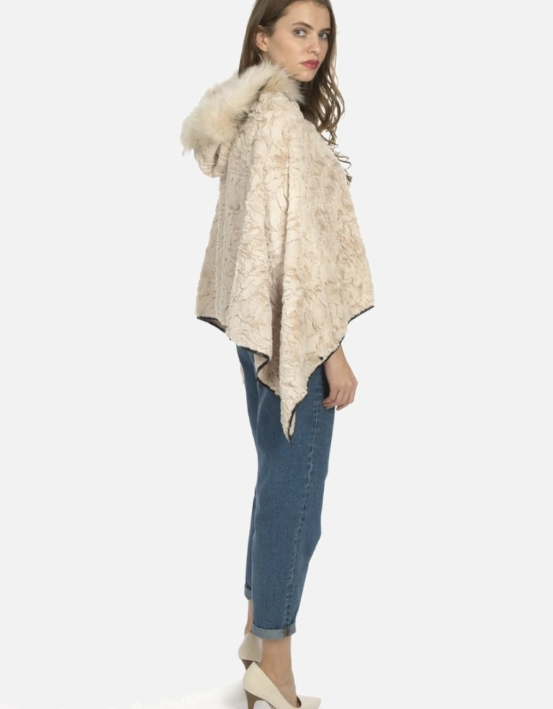 Cream Faux Fur Cape with Fox Fur Trim Hood