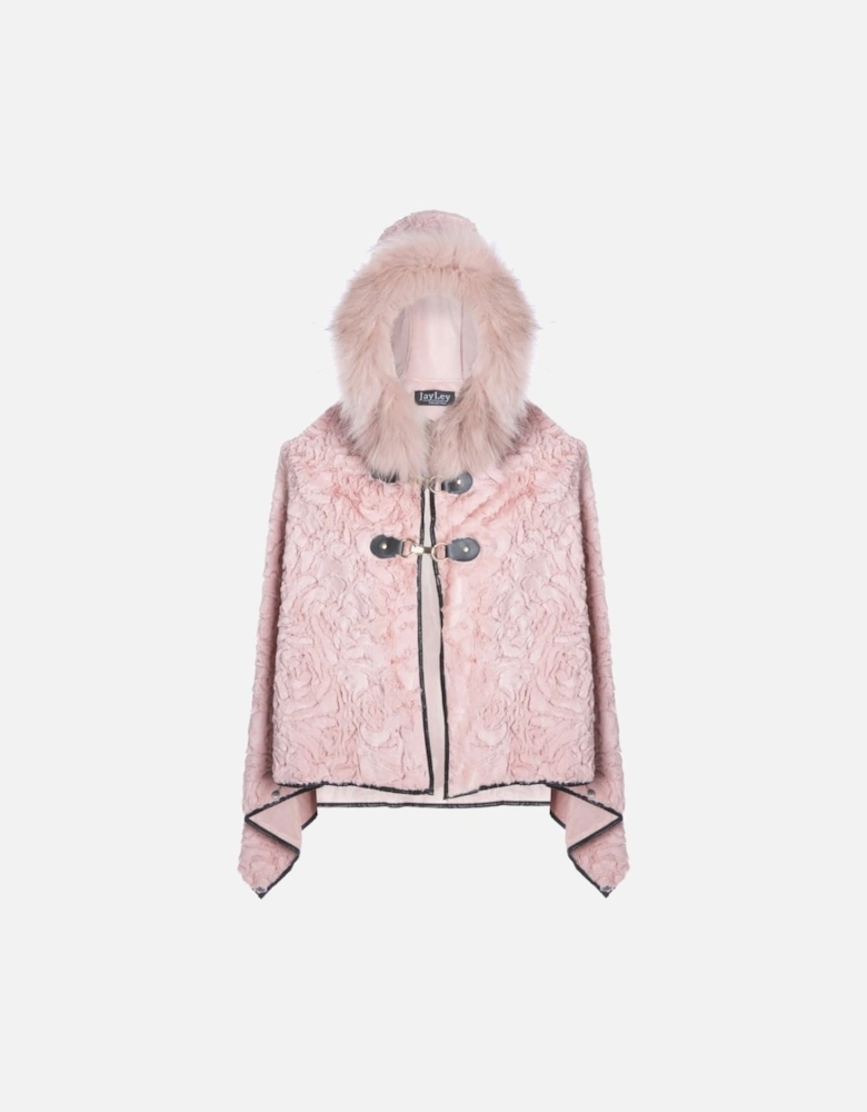 Pink Faux Fur Cape with Fox Fur Trim Hood