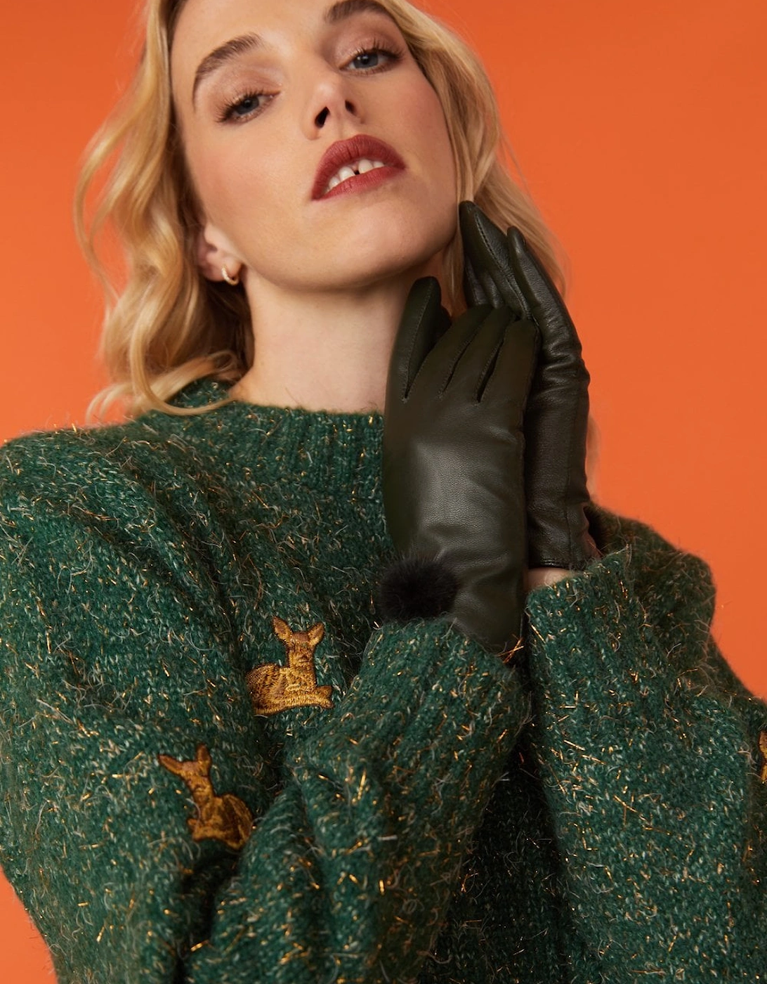 Green Leather Gloves with Mink Bobble
