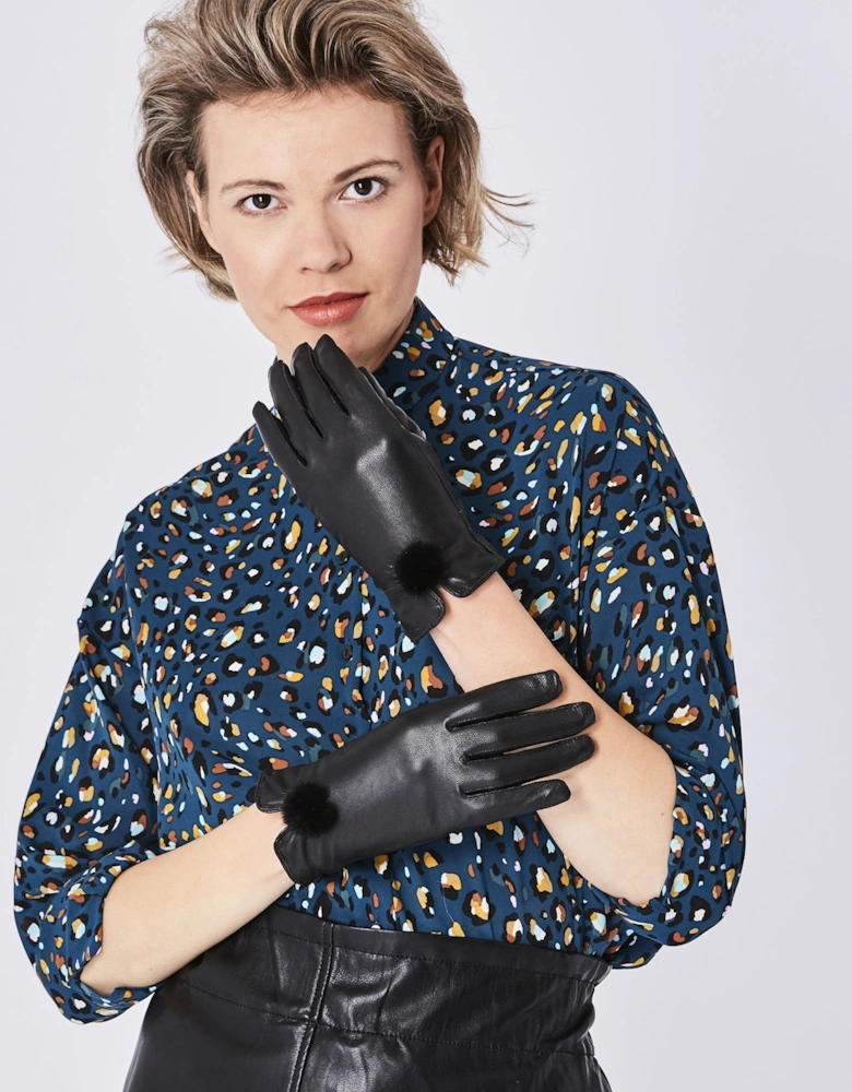 Black Leather Gloves with Mink Bobble