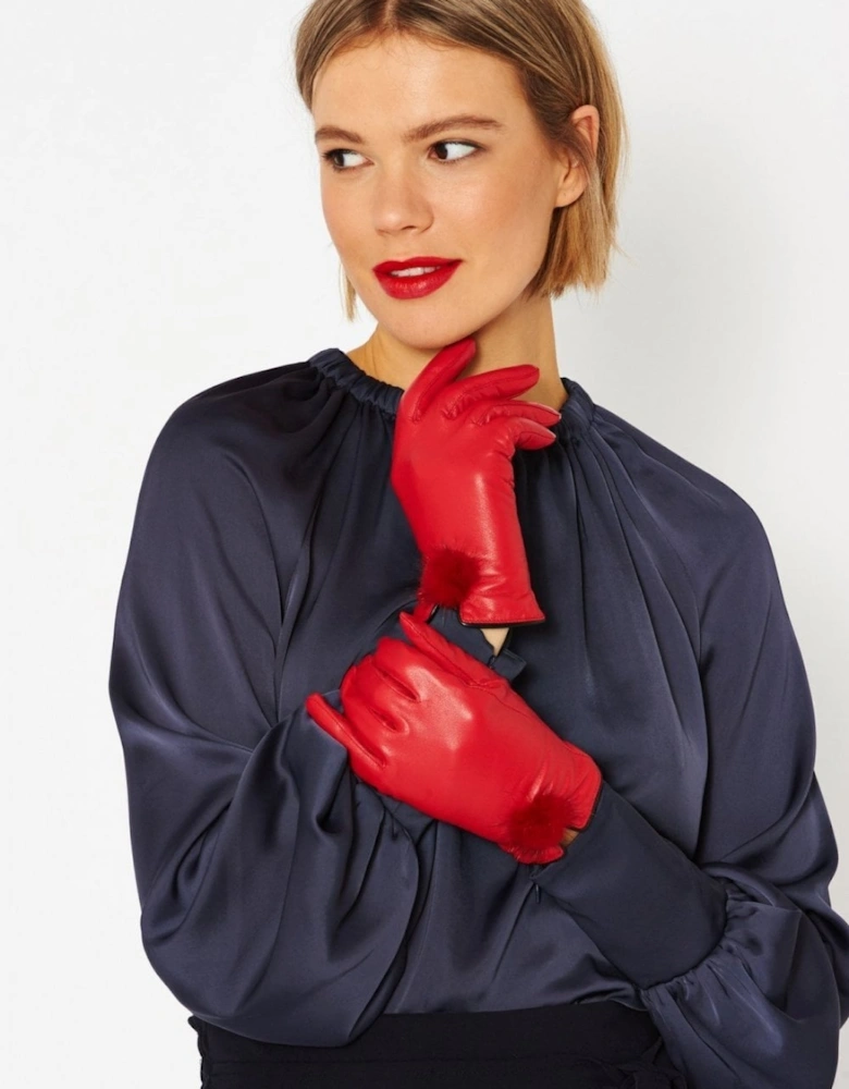 Red Leather Gloves with Mink Bobble