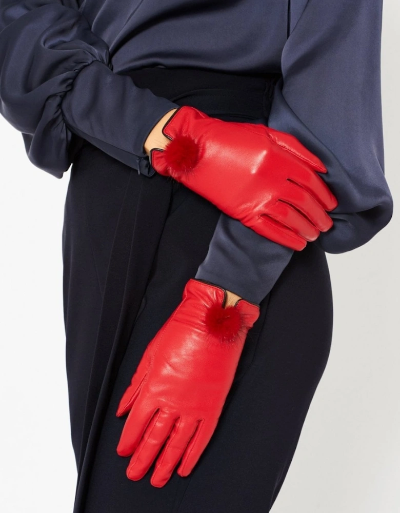 Red Leather Gloves with Mink Bobble