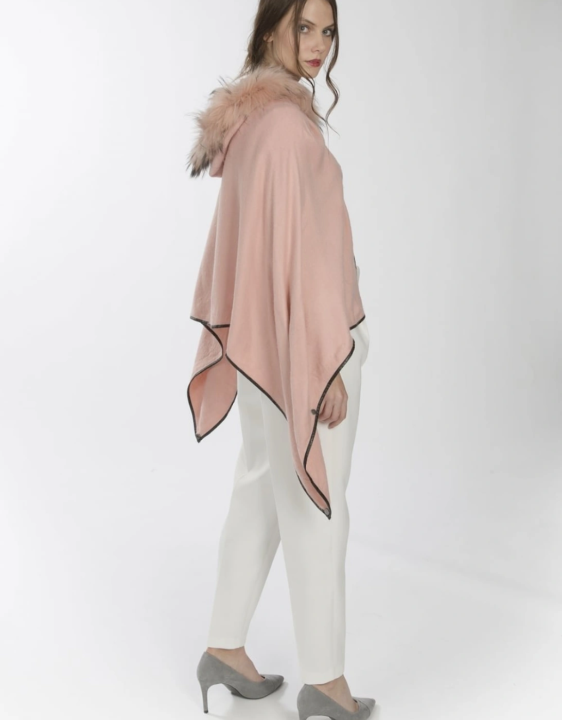 Pink Cropped Cashmere Blend Cape with Hood