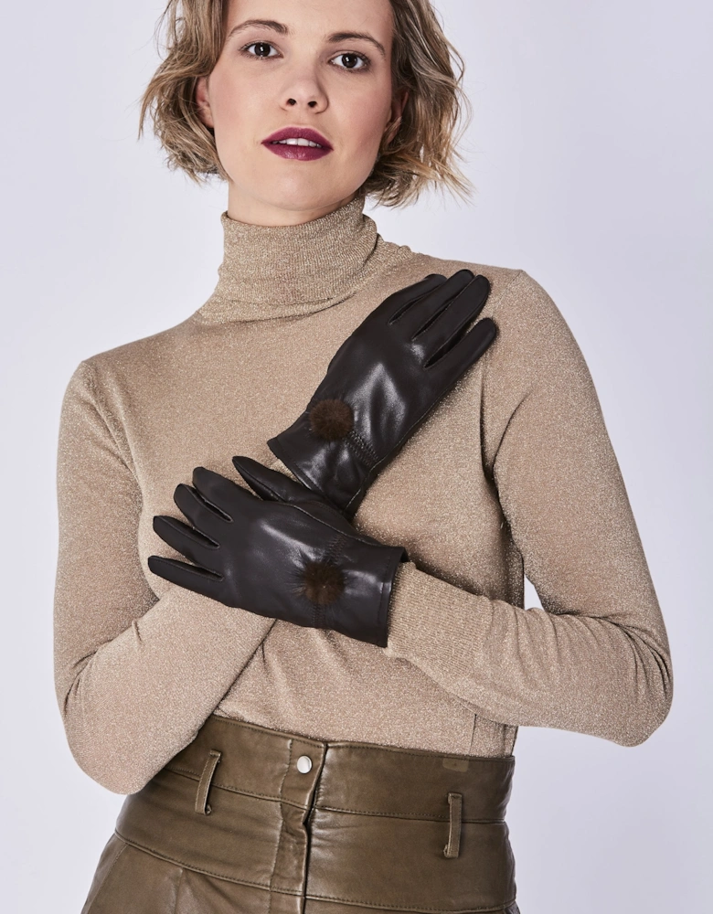 Chocolate Leather Gloves with Mink Bobble