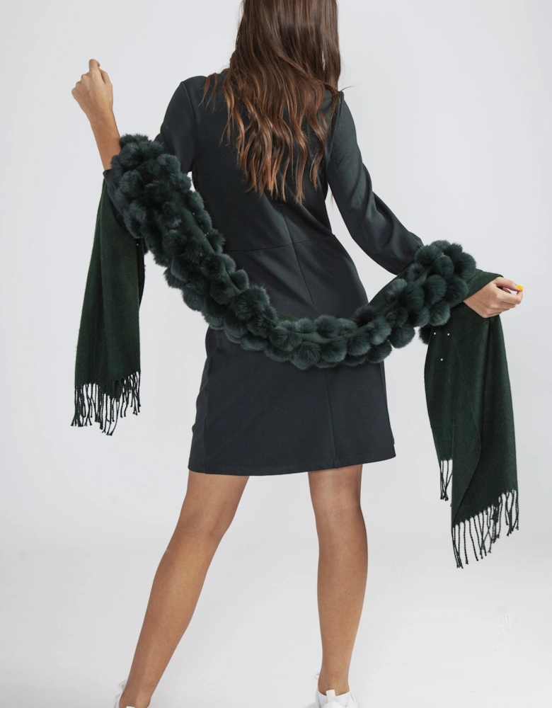 Green Reversible Cashmere Coney Pom Pom Wrap With Pearls