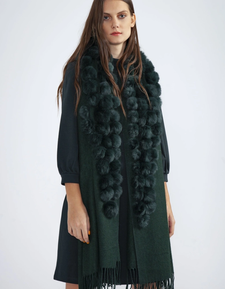 Green Reversible Cashmere Coney Pom Pom Wrap With Pearls