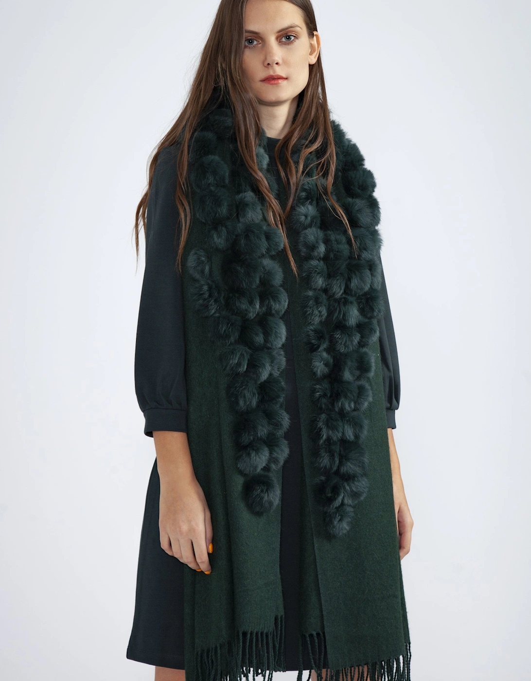 Green Reversible Cashmere Coney Pom Pom Wrap With Pearls, 3 of 2