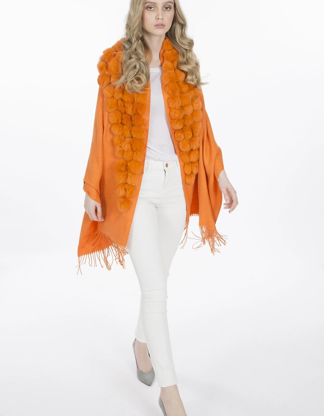 Orange Reversible Cashmere Coney Pom Pom Wrap With Pearls, 3 of 2