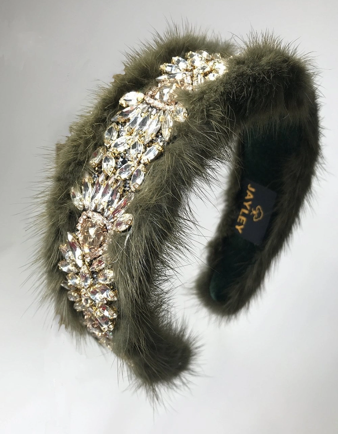 Khaki Handmade Mink & Precious Stone Headband