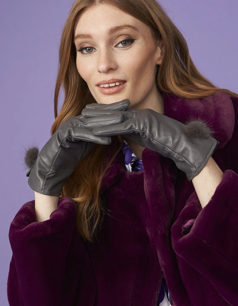 Grey Leather Gloves with Mink Bobble