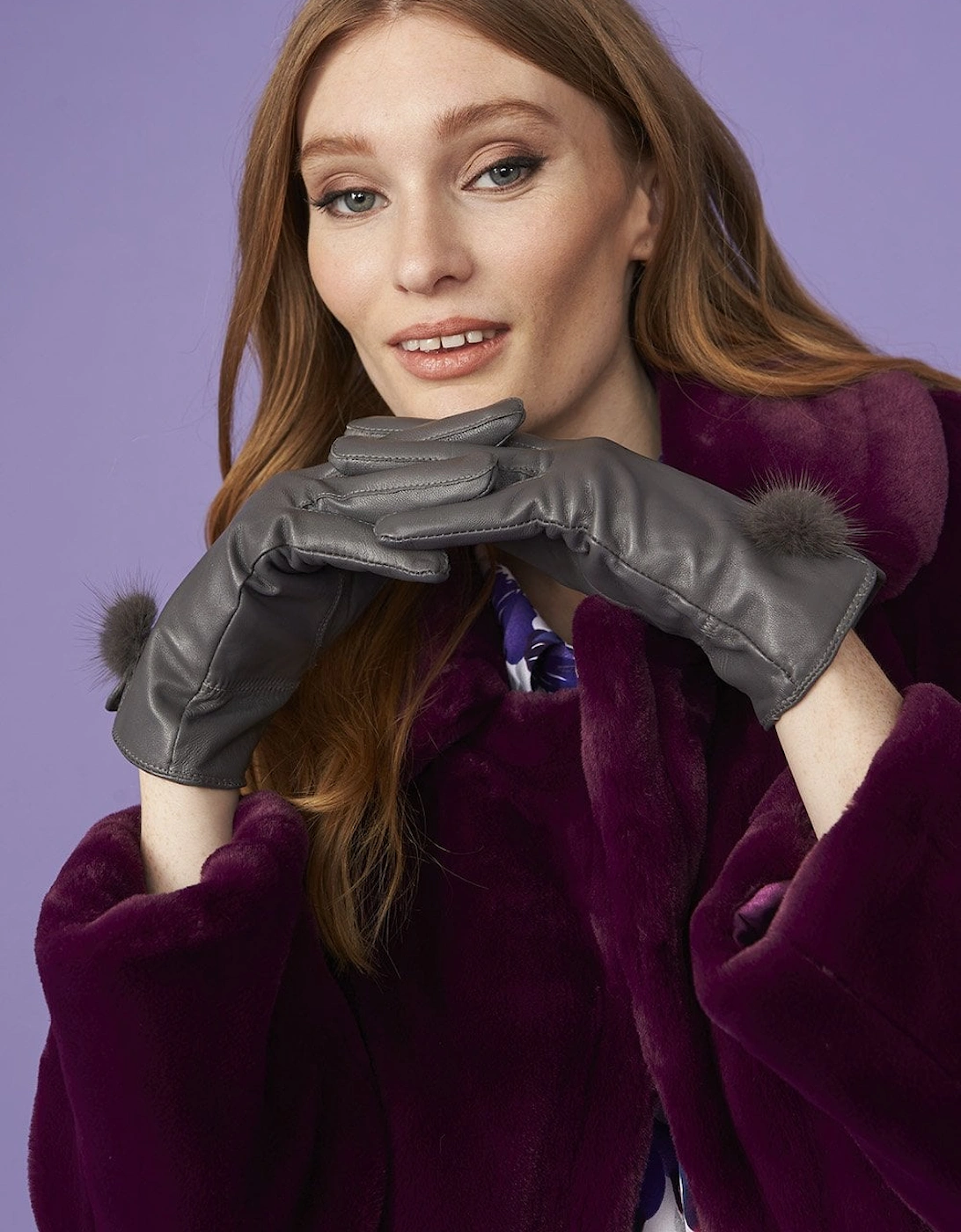 Grey Leather Gloves with Mink Bobble, 2 of 1