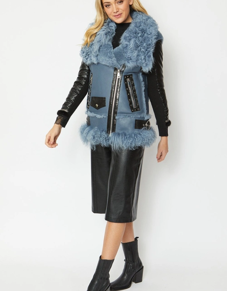 Blue Shearling & Leather Gilet