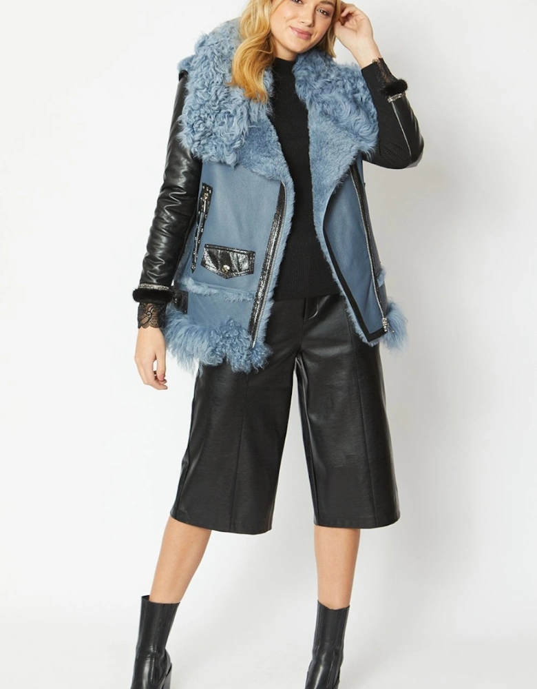 Blue Shearling & Leather Gilet