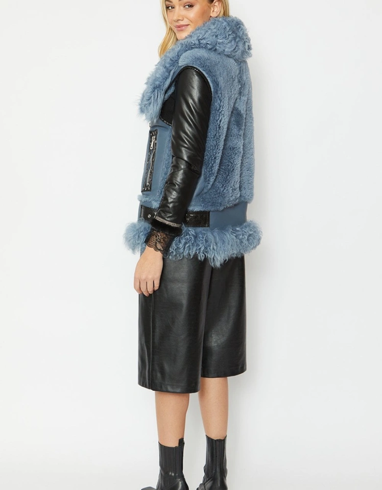 Blue Shearling & Leather Gilet