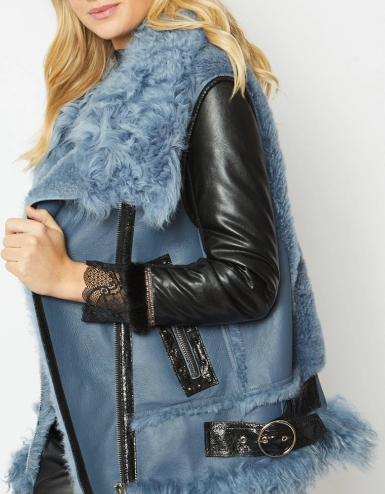 Blue Shearling & Leather Gilet