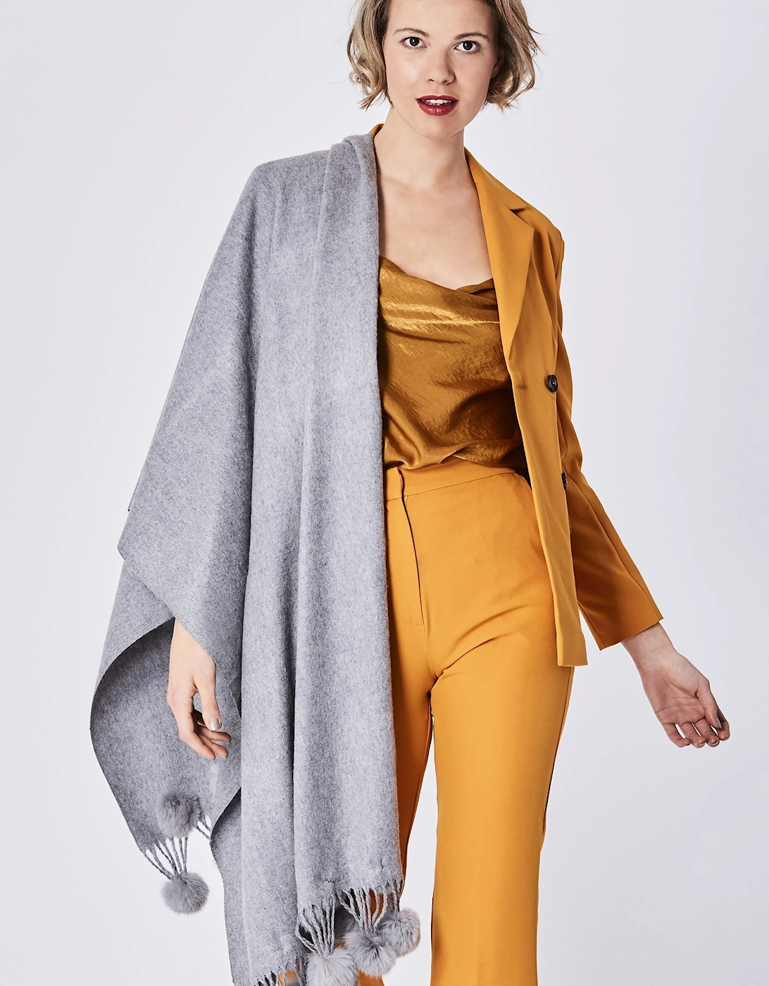 Grey Cashmere Coney Pom Pom Wrap