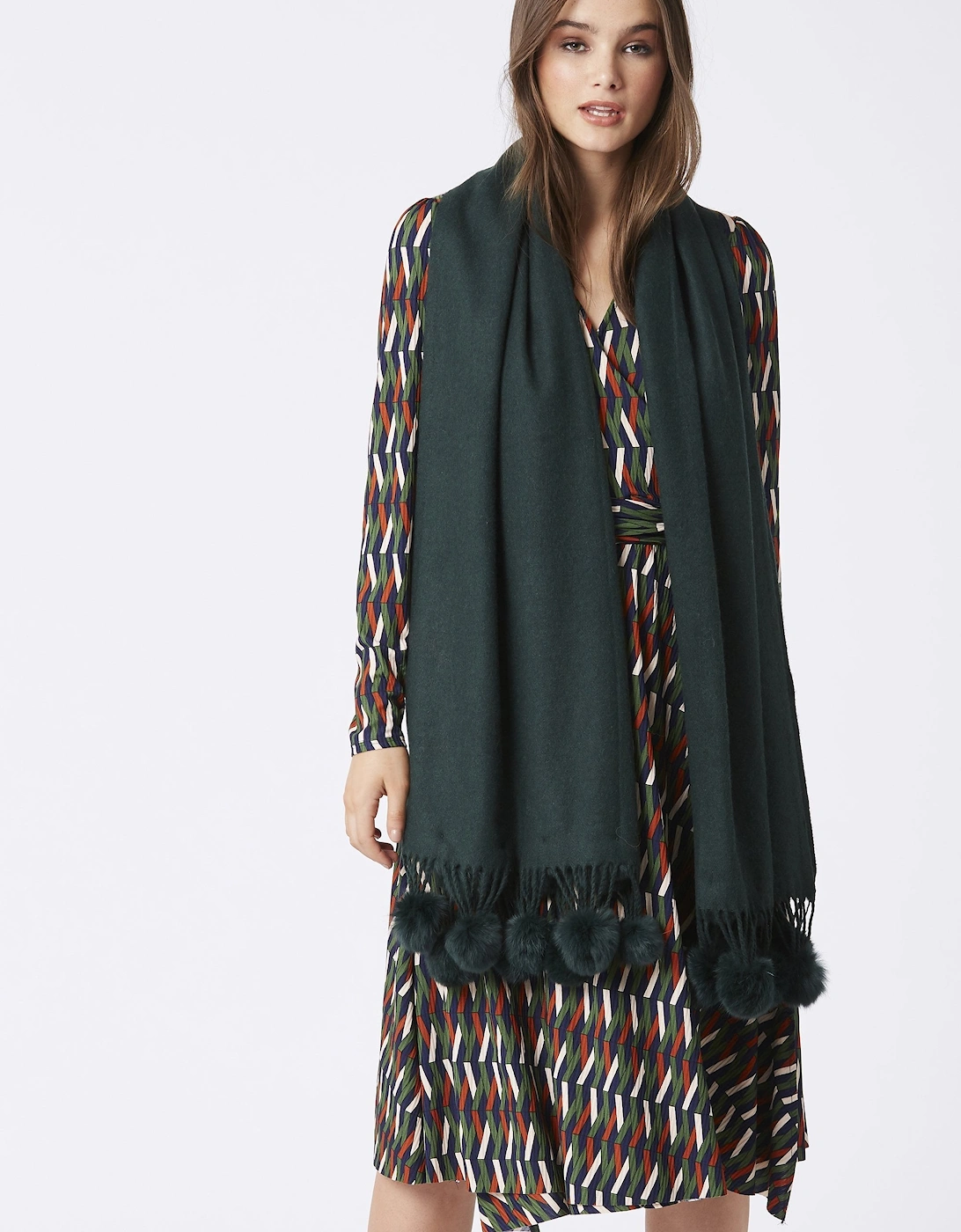 Green Cashmere Coney Pom Pom Wrap