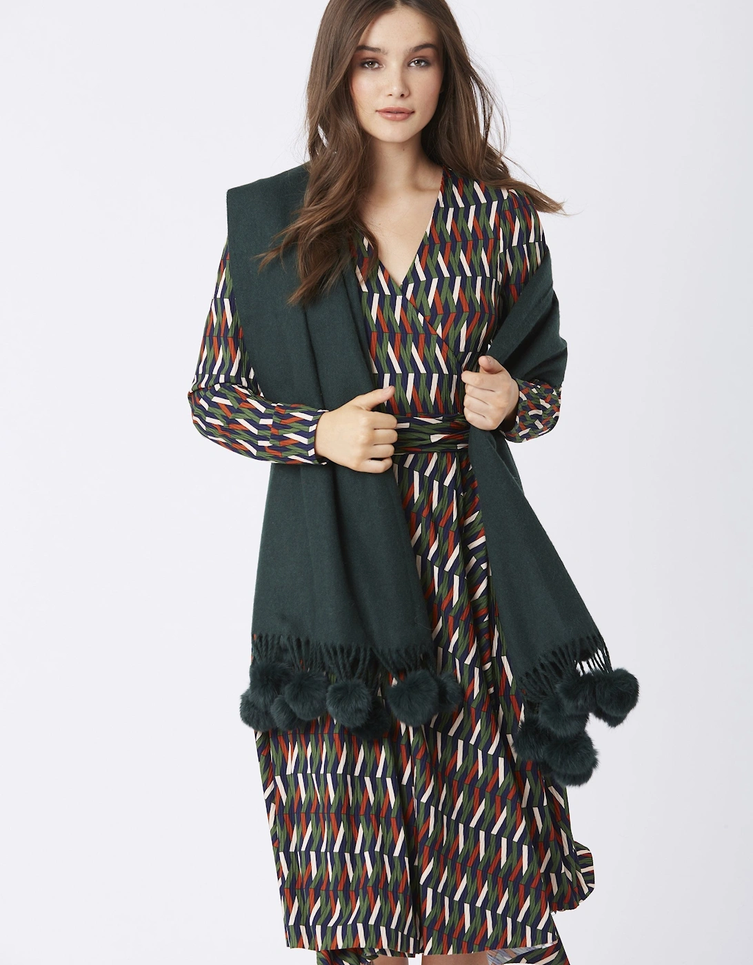 Green Cashmere Coney Pom Pom Wrap