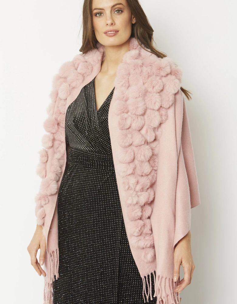 Pink Reversible Cashmere Coney Pom Pom Wrap With Pearls