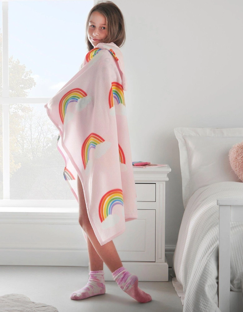 Rainbow Hearts Soft Cosy Fleece Kids Pink Hooded Blanket