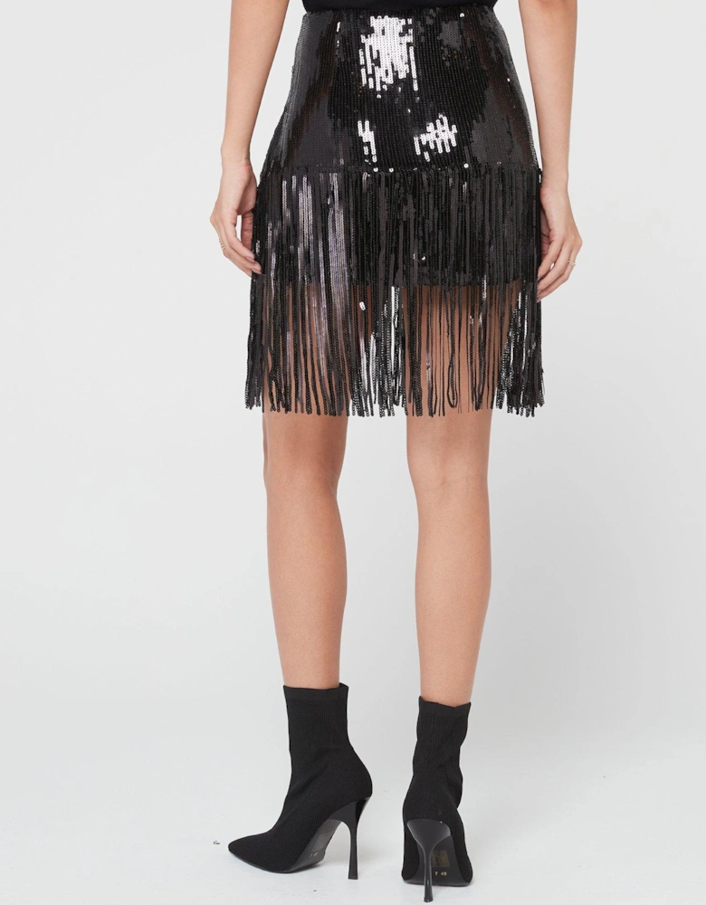 Mia High Waist Fringe Mini Sequin Skirt - Black